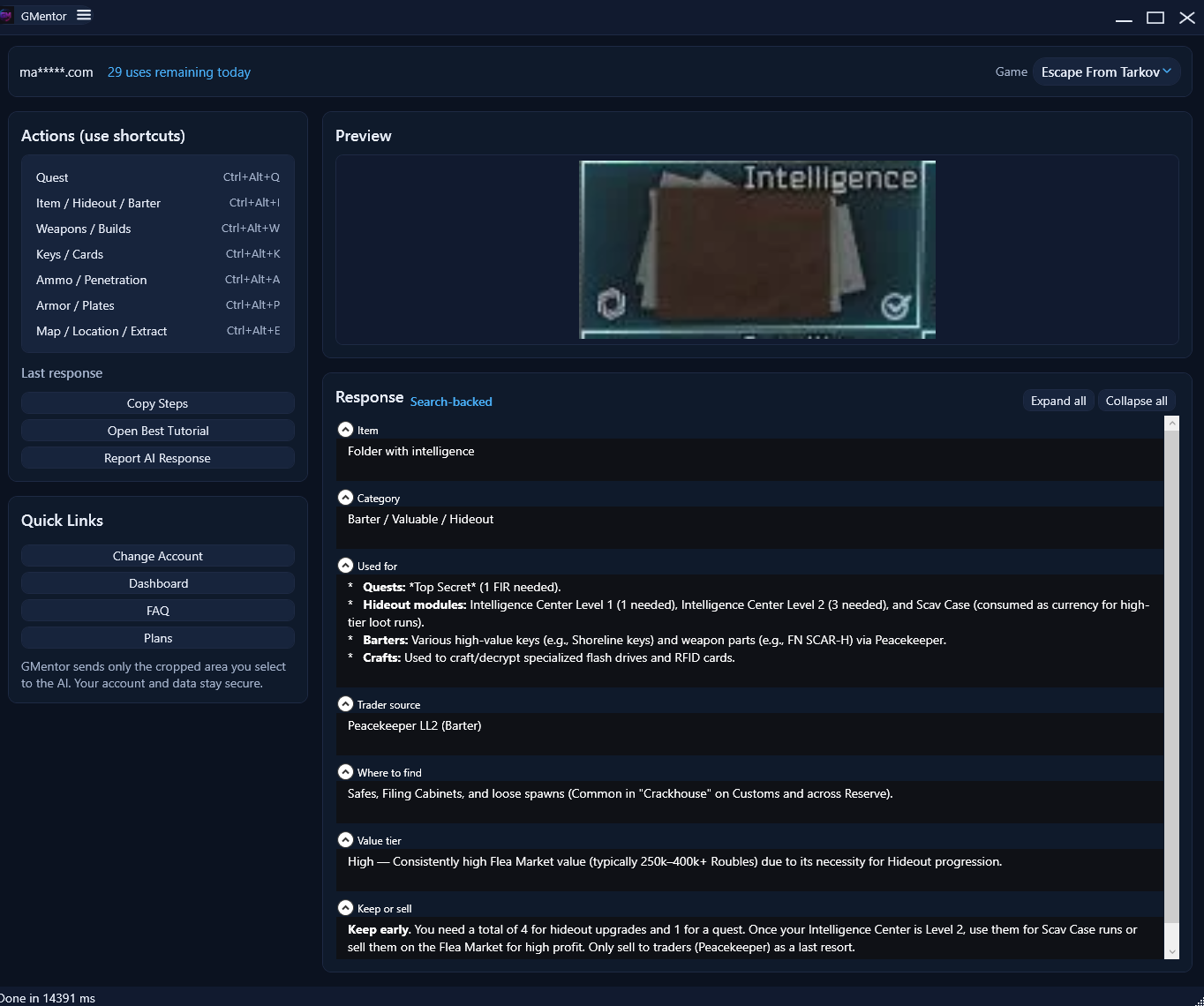 GMentor showing game info for a selected item